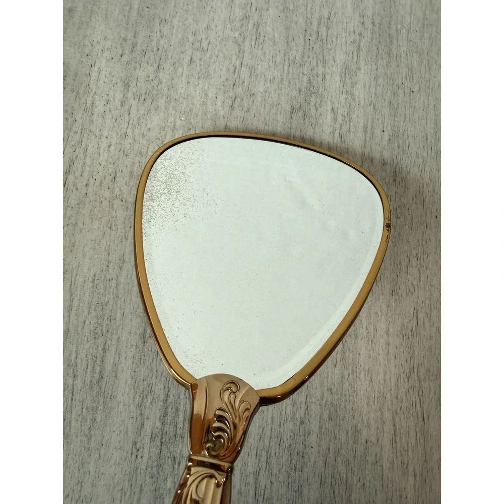 Vintage Gold Tone Hand Mirror & Brush Set Embossed Floral Fluted Handle Vanity